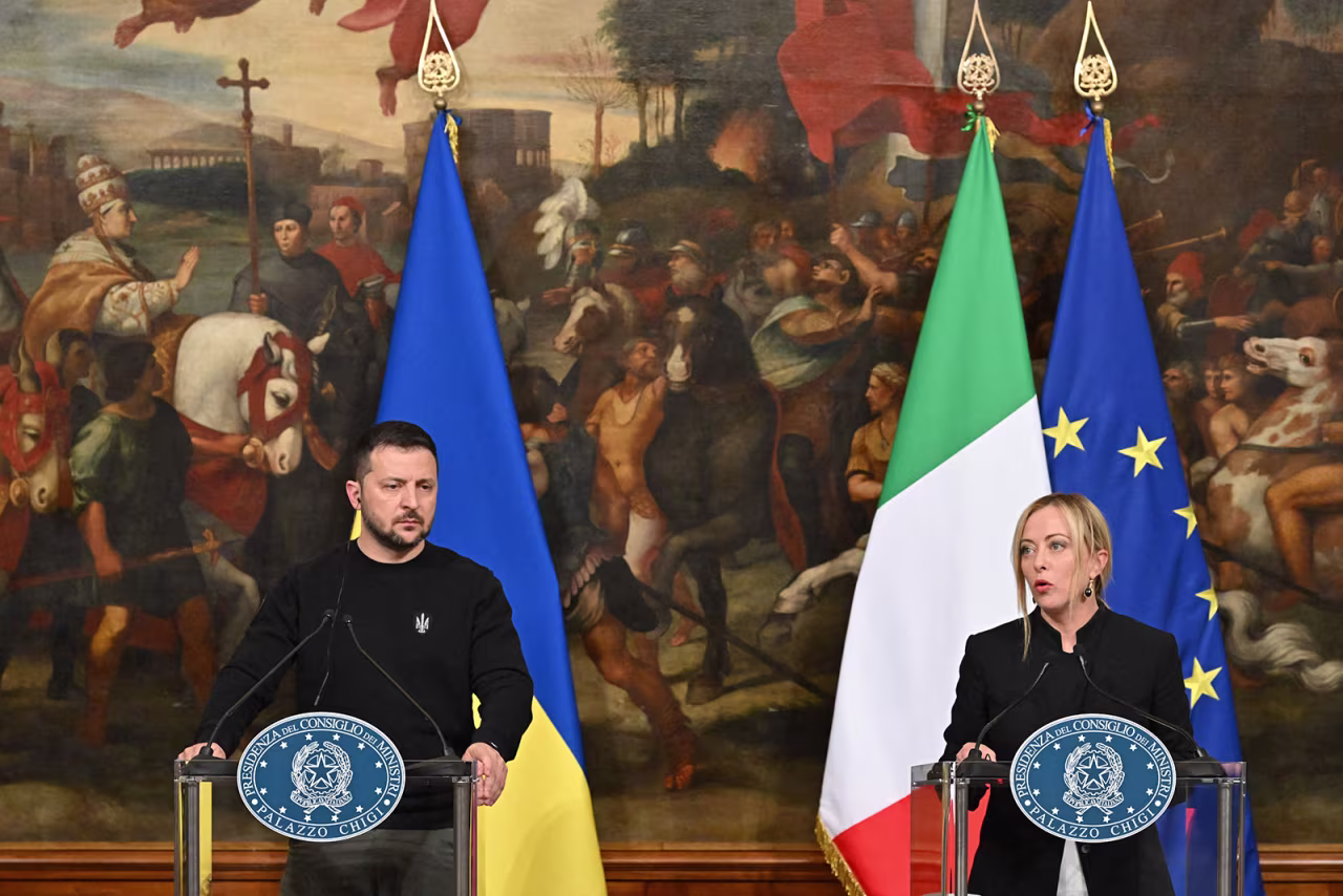 Ukrainian President Volodymyr Zelensky and Italian Prime Minister Giorgia Meloni hold a joint press conference in Rome, on May 13. 