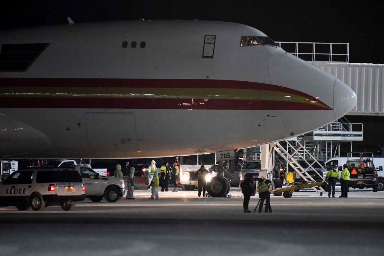 A charter flight from Wuhan, China, arrives at Ted Stevens Anchorage International Airport on January 28 in Anchorage, Alaska.