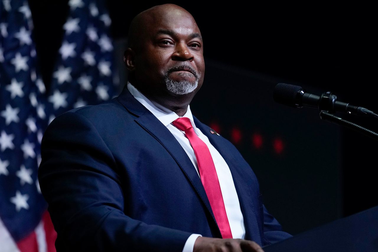 North Carolina Lt. Gov. Mark Robinson speaks before former President Donald Trump at a campaign rally in Asheville, North Carolina, on August 14.?