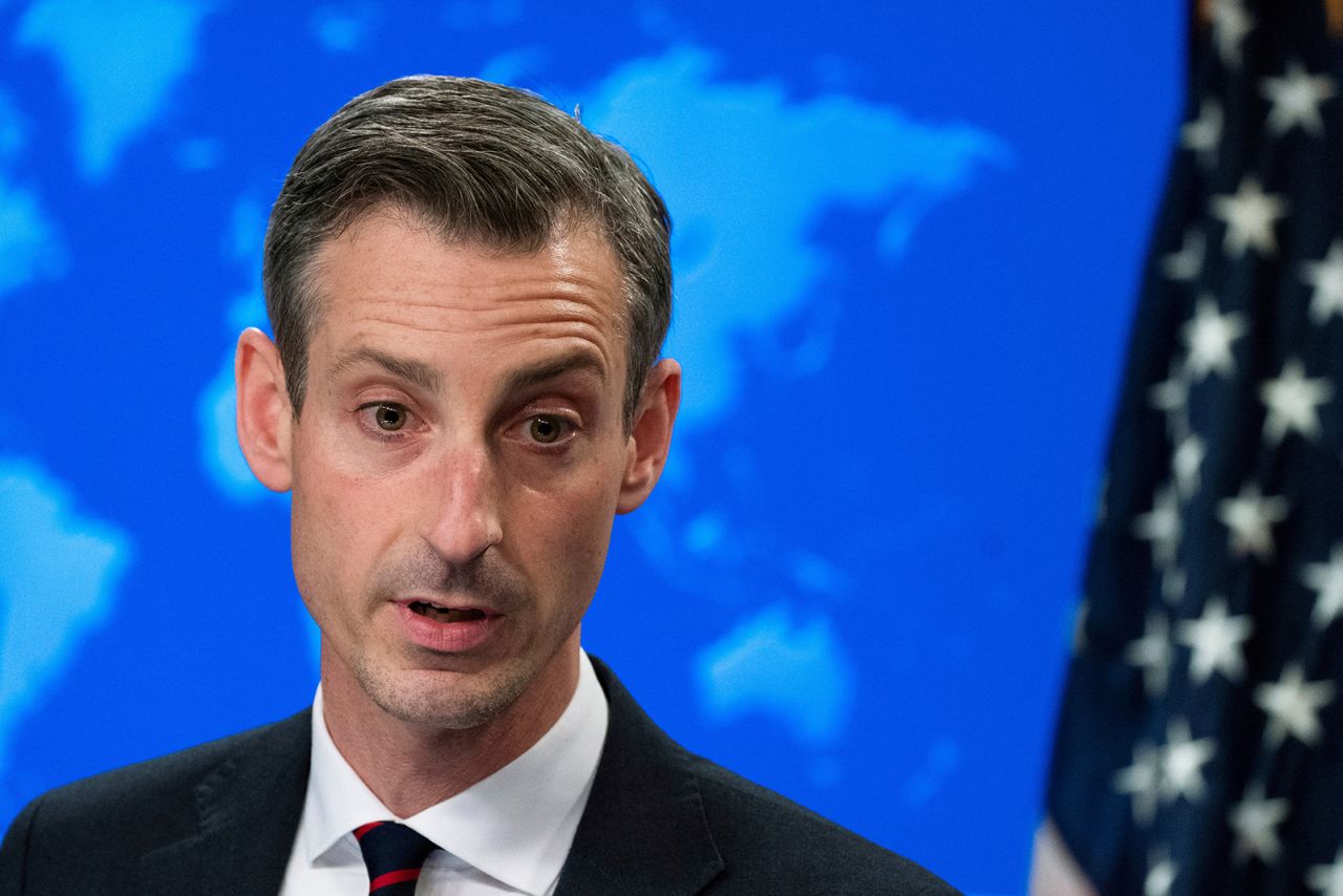 U.S. State Department spokesperson Ned Price speaks during a news conference in Washington on March 10.