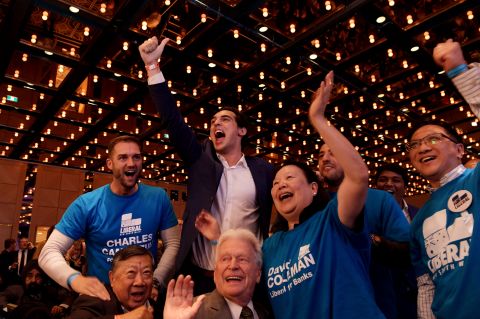 Scott Morrison supporters celebrate at the coalition’s election party in Sydney on May 18.