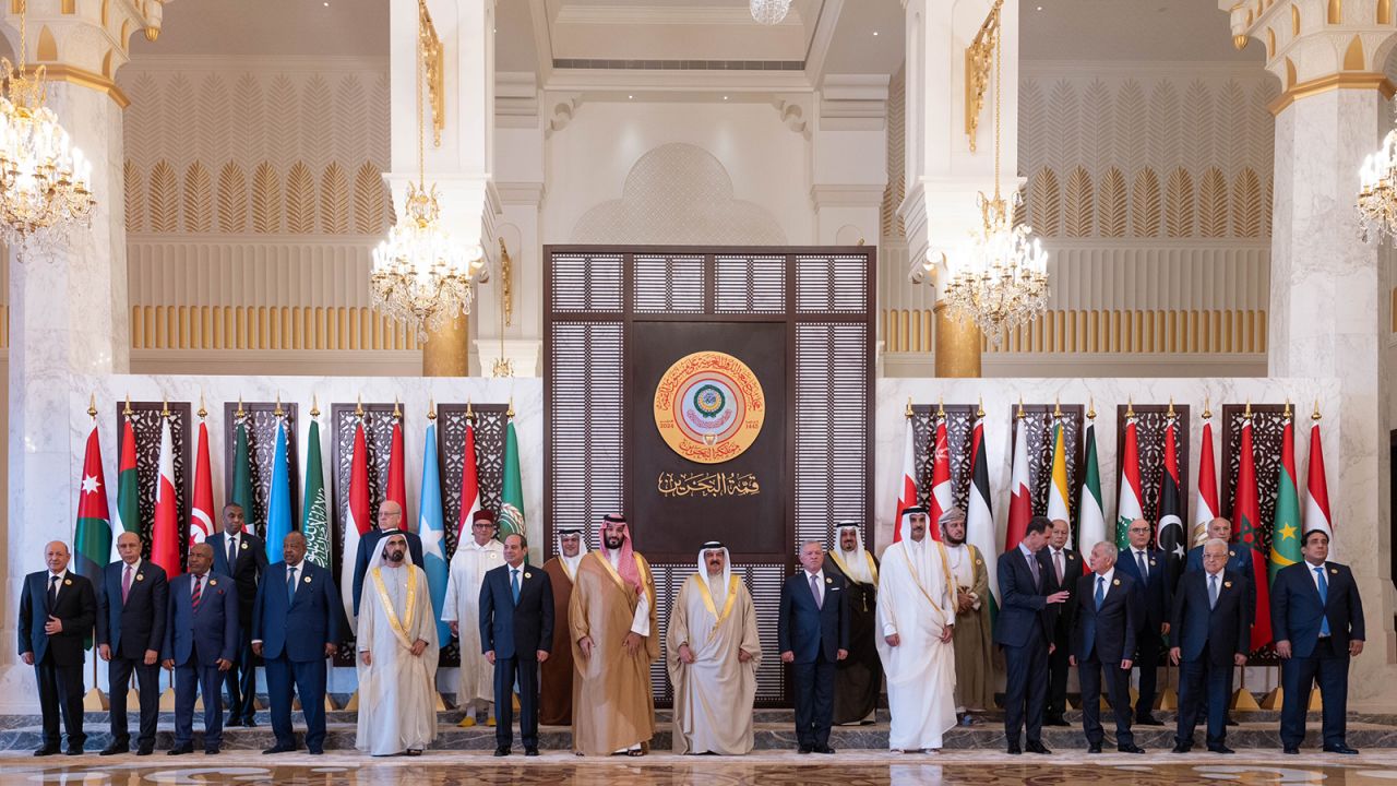 Leaders pose for a family photo as they attend the 33rd Arab League Summit in Manama, Bahrain on May 16.