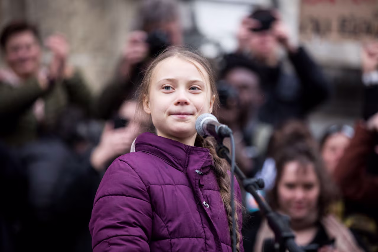 Greta Thunberg speaks to supporters in January.