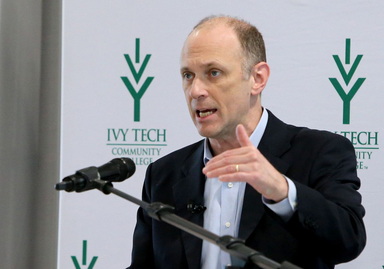 Austan Goolsbee speaks at Ivy Tech Community College in Indiana, on February 28.