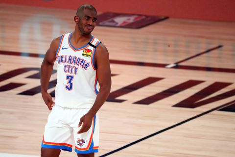 Chris Paul of the Oklahoma City Thunder during a game against the Houston Rockets during the 2020 NBA Playoffs on August 24, in Lake Buena Vista, Florida. 