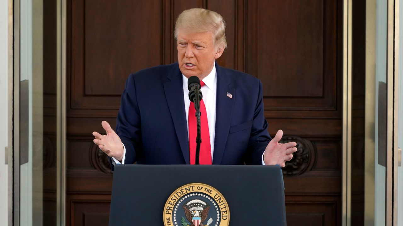 President Donald Trump speaks from the North Portico of the White House on Monday.