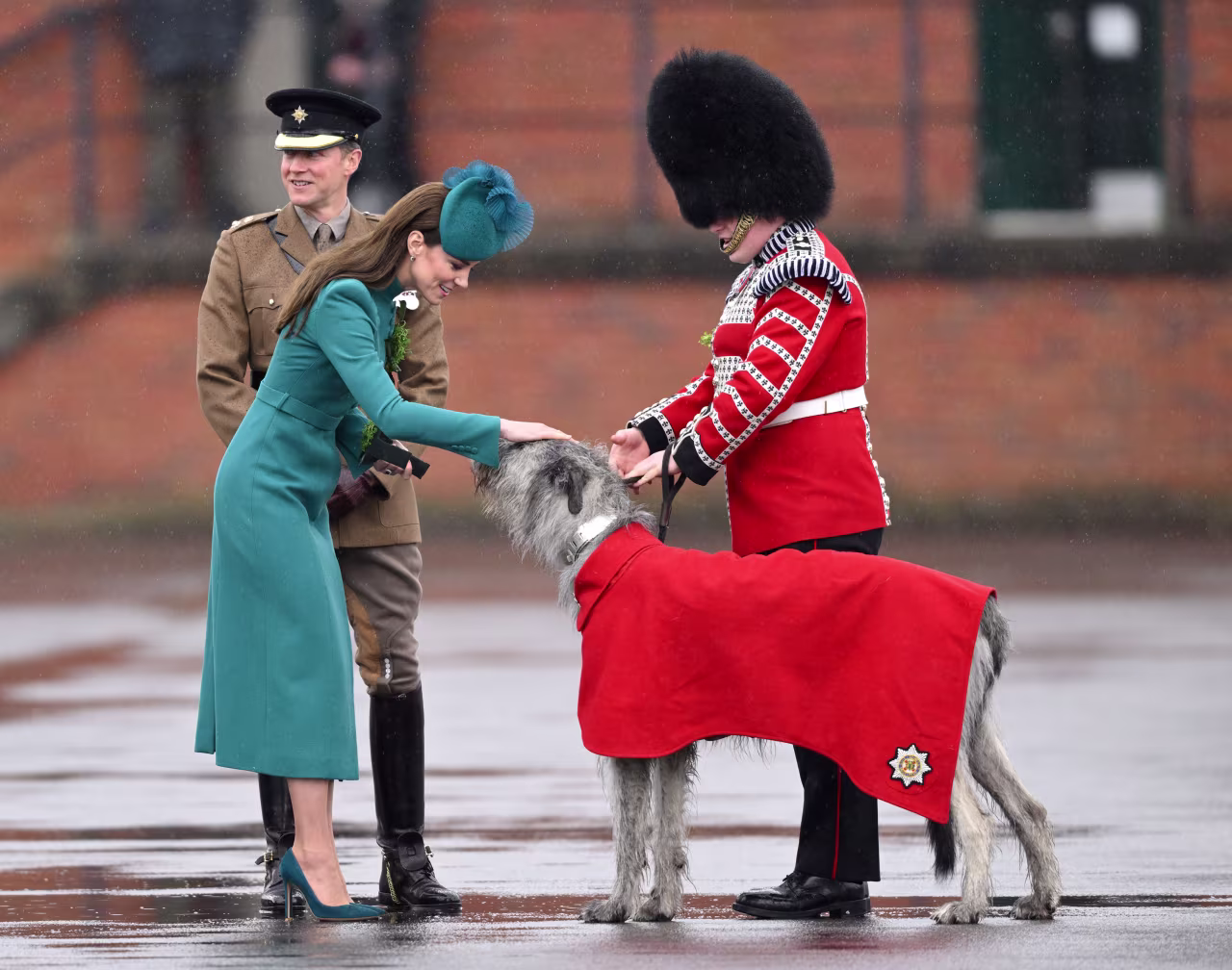Kate meets with Irish wolfhound Turlough Mor (aka Seamus), the regimental mascot of the Irish Guards, during a St. Patrick's Day Parade in 2023. 