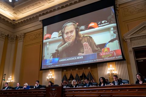  A video of former Trump advisor Steve Bannon is seen during a hearing on July 12 of the House select committee investigating the Jan. 6 attack.
