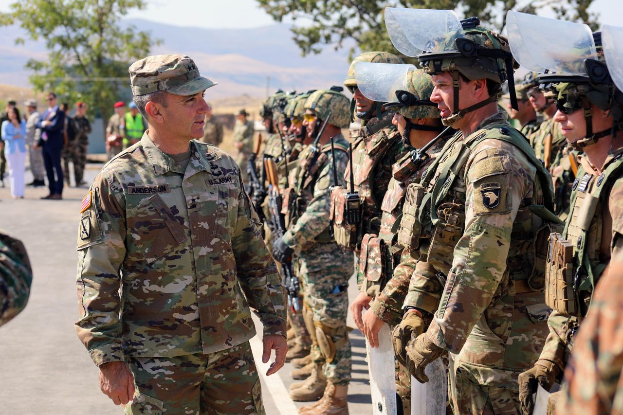 Soldiers from the Kansas National Guard and 1st Brigade Combat Team, 101st Airborne Division (Air Assault), hold a distinguished visitor day for Eagle Partner 2023, on September 15, in a training area in Armenia. 