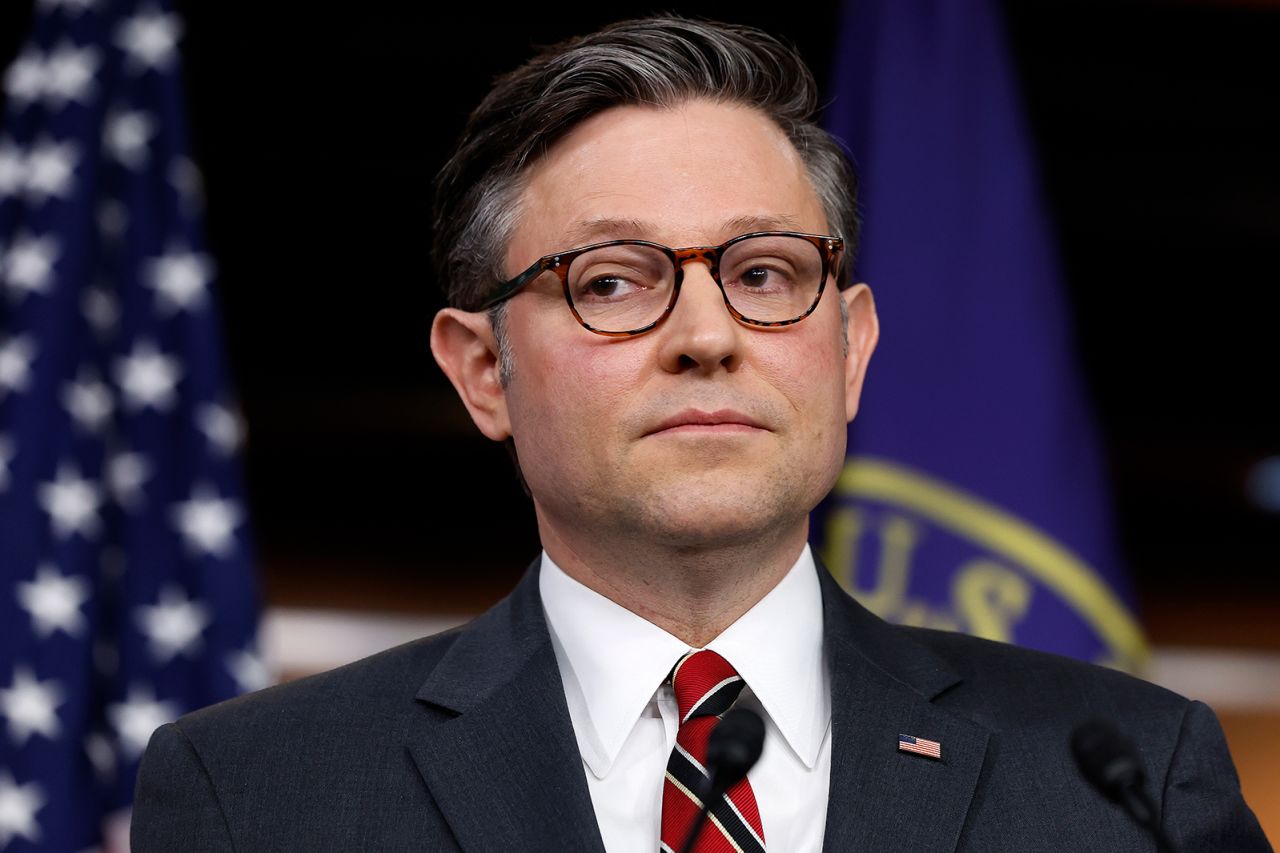 Mike Johnson talks to reporters during a news conference at the U.S. Capitol Visitors Center in Washington, DC. on February 14.