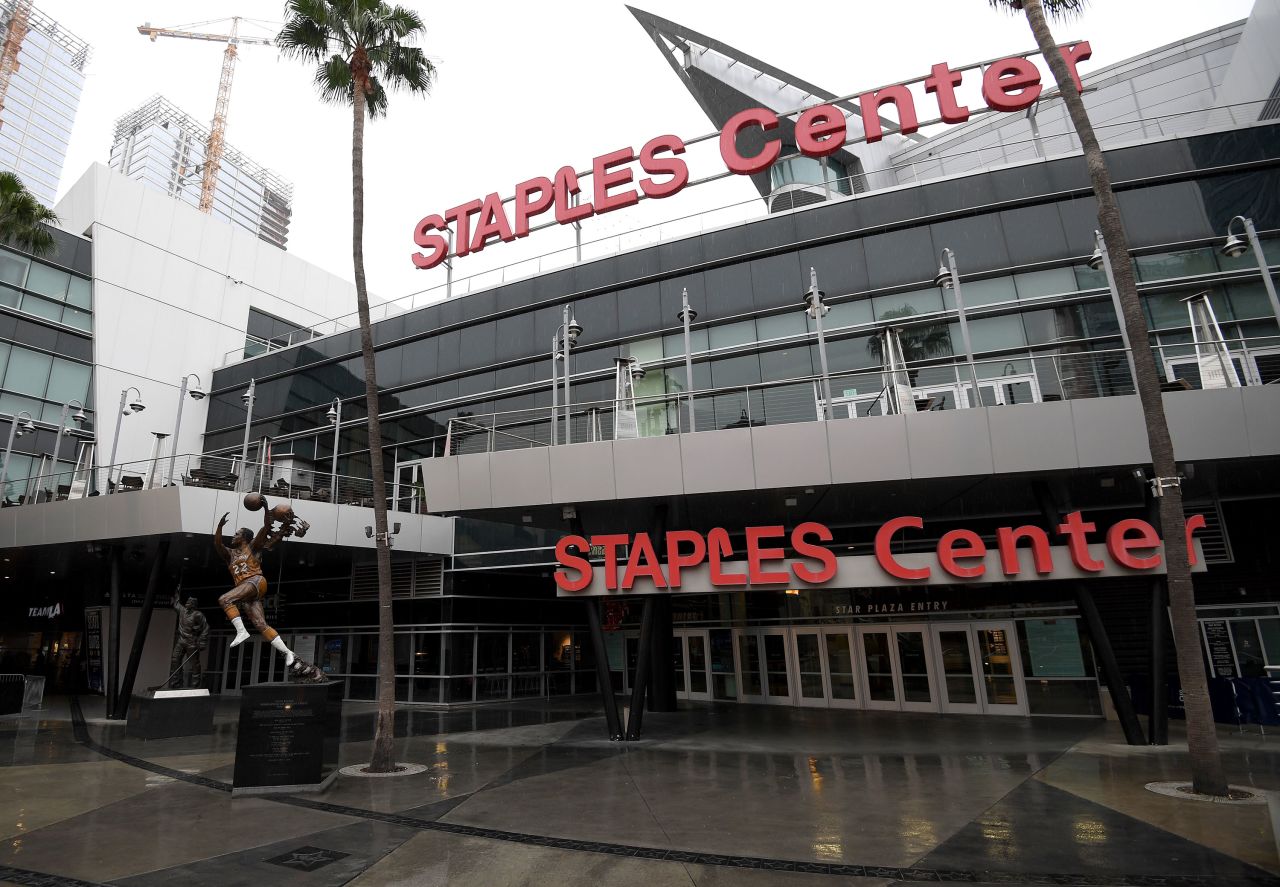 The exterior of Staples Center in Los Angeles is seen on March 12, after both the NHL and NBA postponed seasons due to coronavirus concerns.