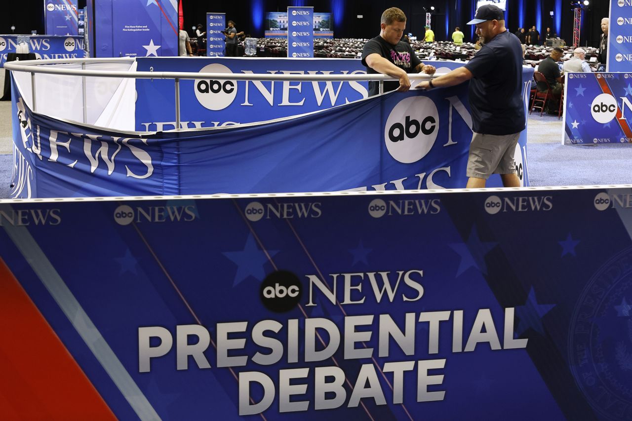 ABC News signage is installed in the media file center inside the Pennsylvania Convention Center one day before the presidential debate on September 9, in Philadelphia, Pennsylvania.