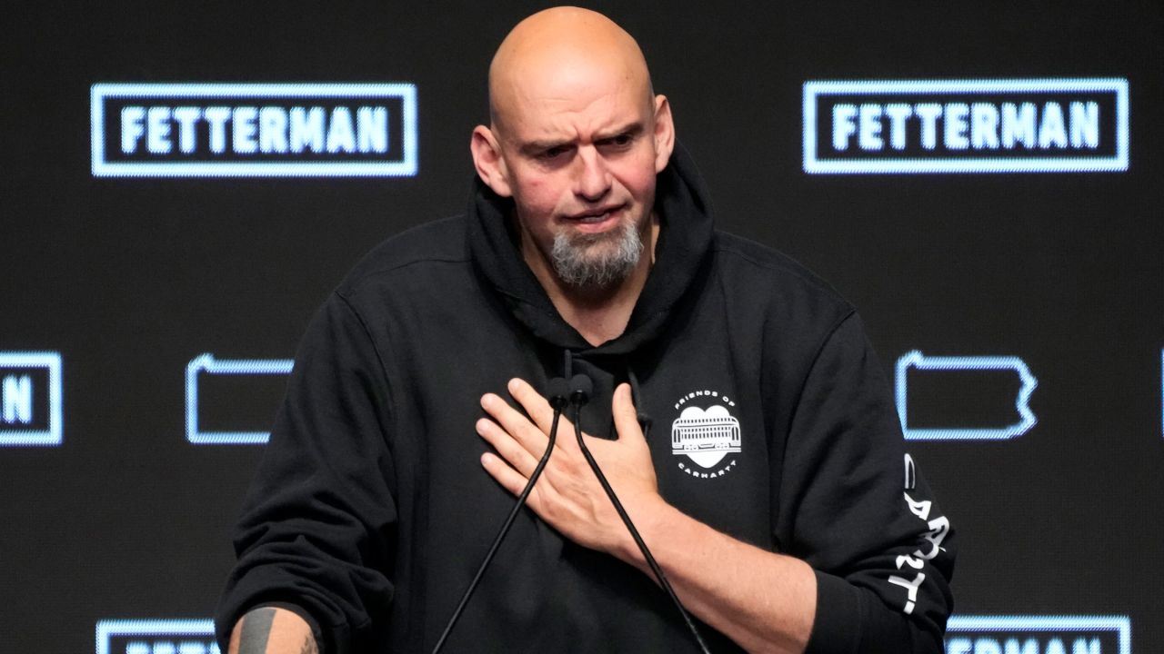 John Fetterman addresses supporters at an election night party in Pittsburgh early on Wednesday.