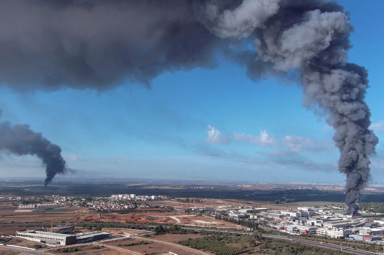 Smoke is seen in the Rehovot area as rockets are launched from the Gaza Strip, in?Israel, on?October 7, 2023.