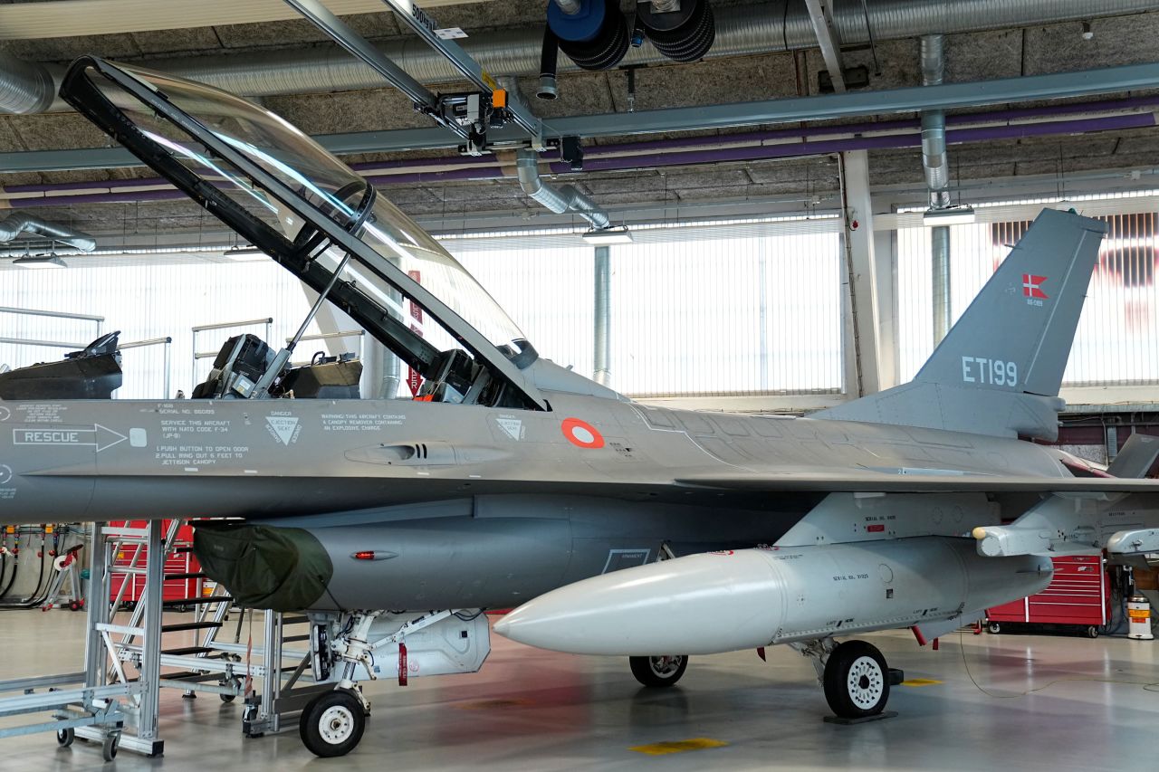 A view shows a F-16?fighter jet at Skrydstrup Air Base in Vojens, Denmark, on August 20, 2023.