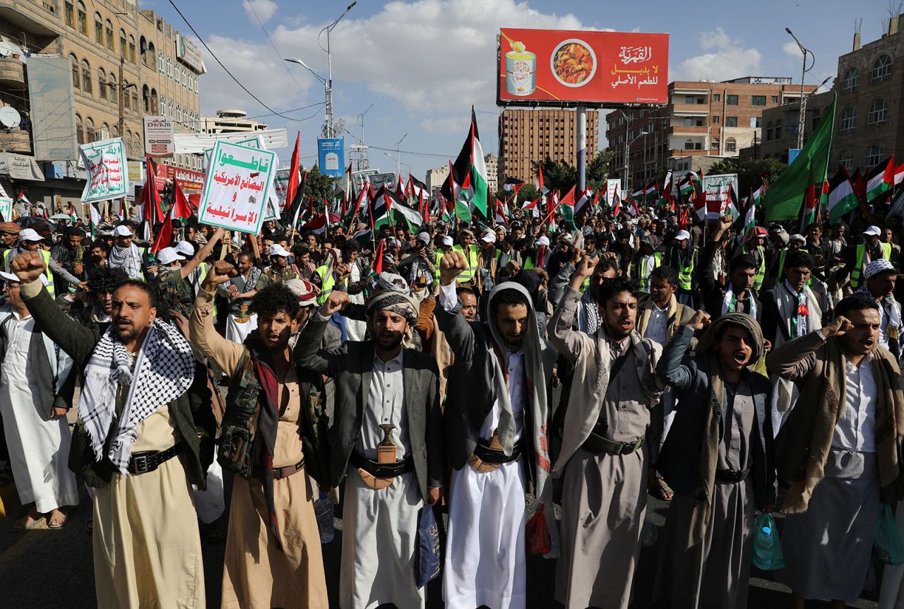 Protesters march Friday in Sanaa, Yemen, to condemn Israel’s offensive in Gaza.