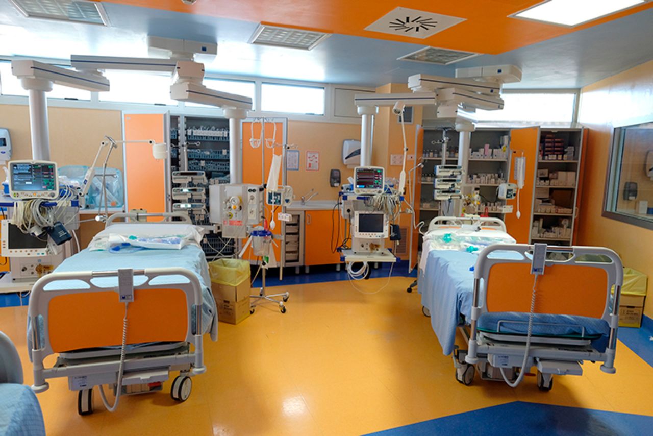 Two beds are seen during a tour for the media of ICU positions for coronavirus patients inside the private clinic Istituto Clinico Casalpalocco Covid 3 hospital, in Casalpalocco, on the outskirts of Rome, Wednesday, March 18.