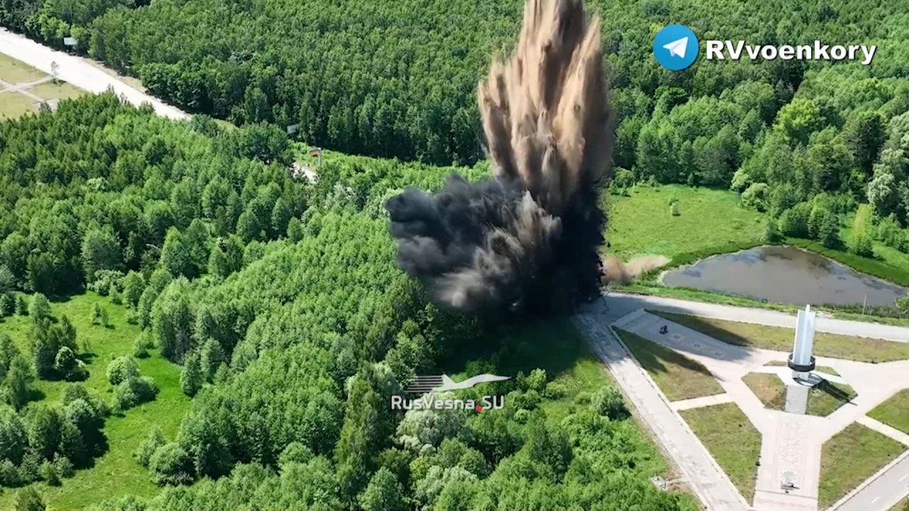 A screengrab from a video that has been widely circulated on social media shows a large explosion on the road leading to the Three Sisters monument at the border with Belarus, Russia and Ukraine.