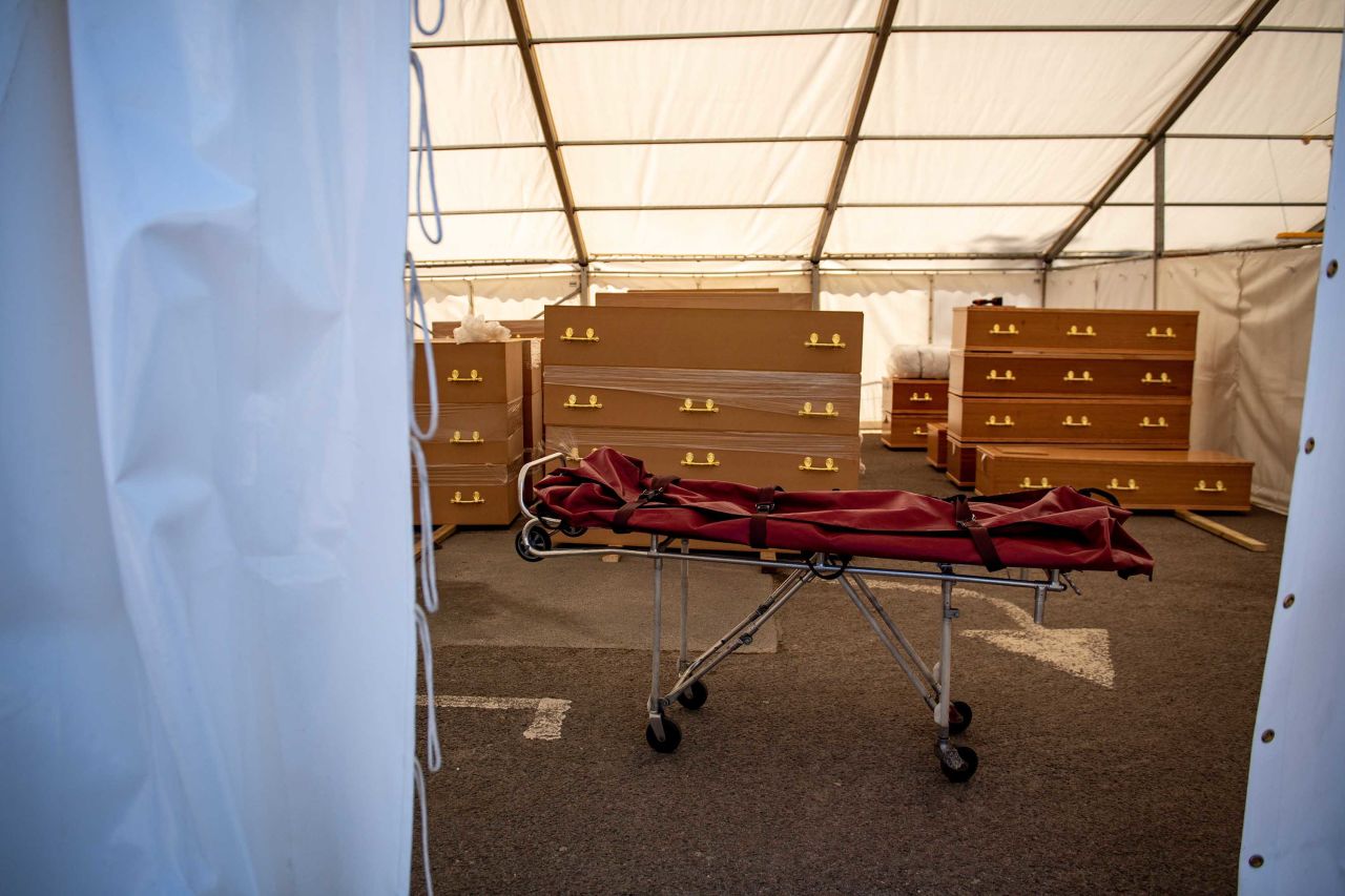 A stretcher used to transport a body is seen at a temporary morgue for coronavirus victims in Birmingham, England, in April. 