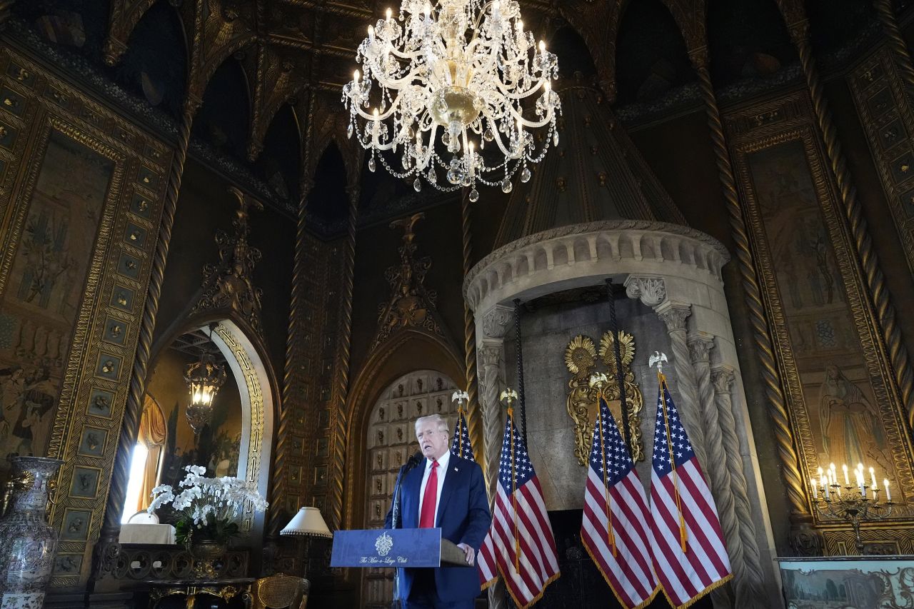 Former President Donald Trump speaks to reporters at his Mar-a-Lago estate on August 8, in Palm Beach, Florida.