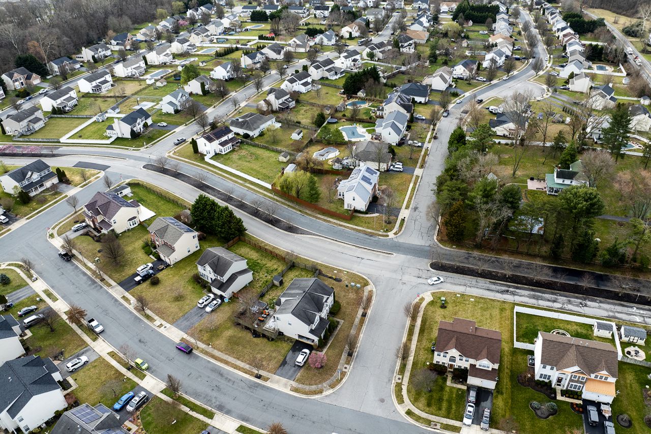 This aerial picture shows homes near the Chesapeake Bay in Centreville, Maryland, on March 4.