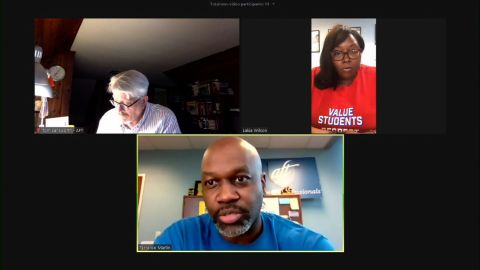 Detroit Federation of Teachers President Terrence Martin, bottom, speaks during a virtual news conference on Wednesday.