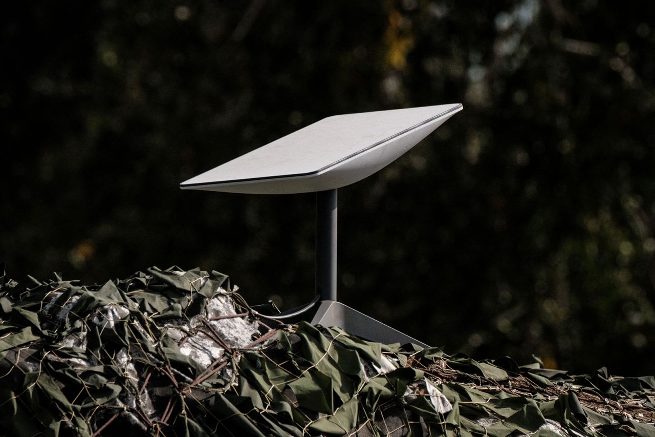 An antenna of the Starlink satellite-based broadband system donated by Elon Musk is seen in Izyum, Kharkiv region on September 25.