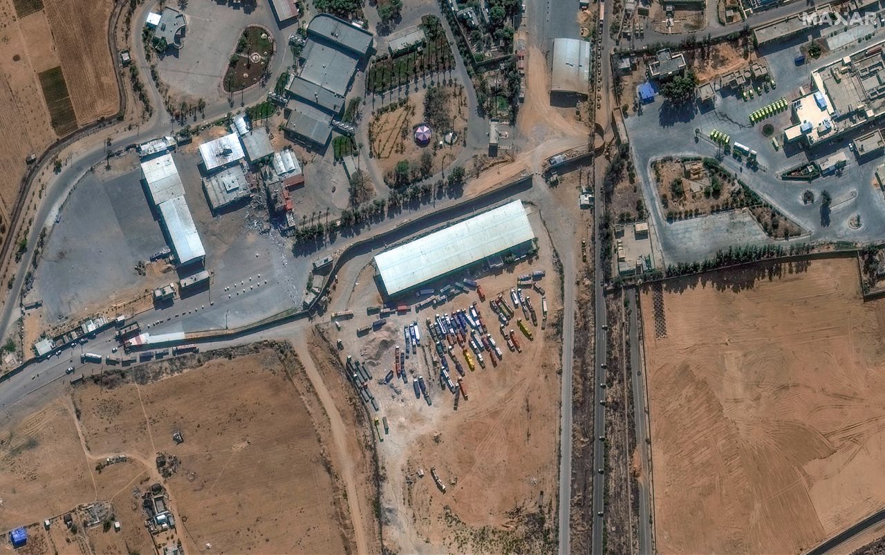 A satellite image of the Rafah border crossing between Gaza and Egypt shows trucks waiting to pass through on November 7.