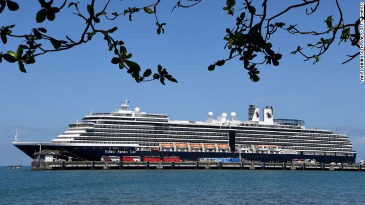 A general view of the Westerdam cruise ship docked at Sihanoukville port on February 15, 2020.