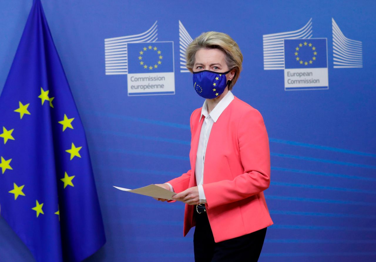 European Commission President Ursula von der Leyen arrives for a press statement in Brussels, Belgium, on December 13.