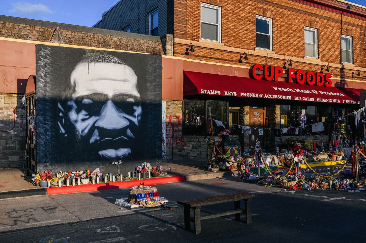 A mural of George Floyd is shown at the intersection of 38th St & Chicago Ave on March 31 in Minneapolis, Minnesota. 