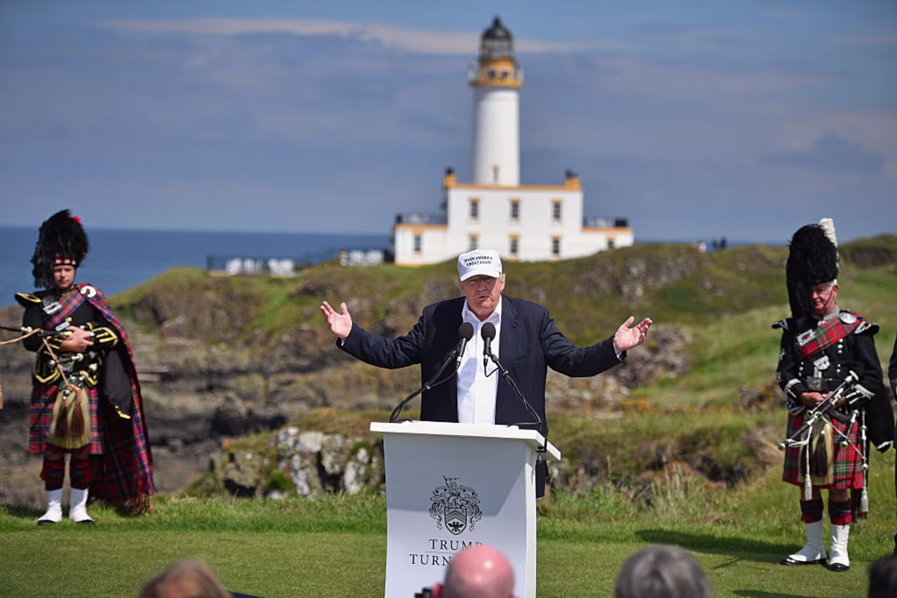 Donald Trump gives a press conference on the 9th tee at his Trump Turnberry Resort on June 24, 2016 in Ayr, Scotland, one day after the Brexit referendum.