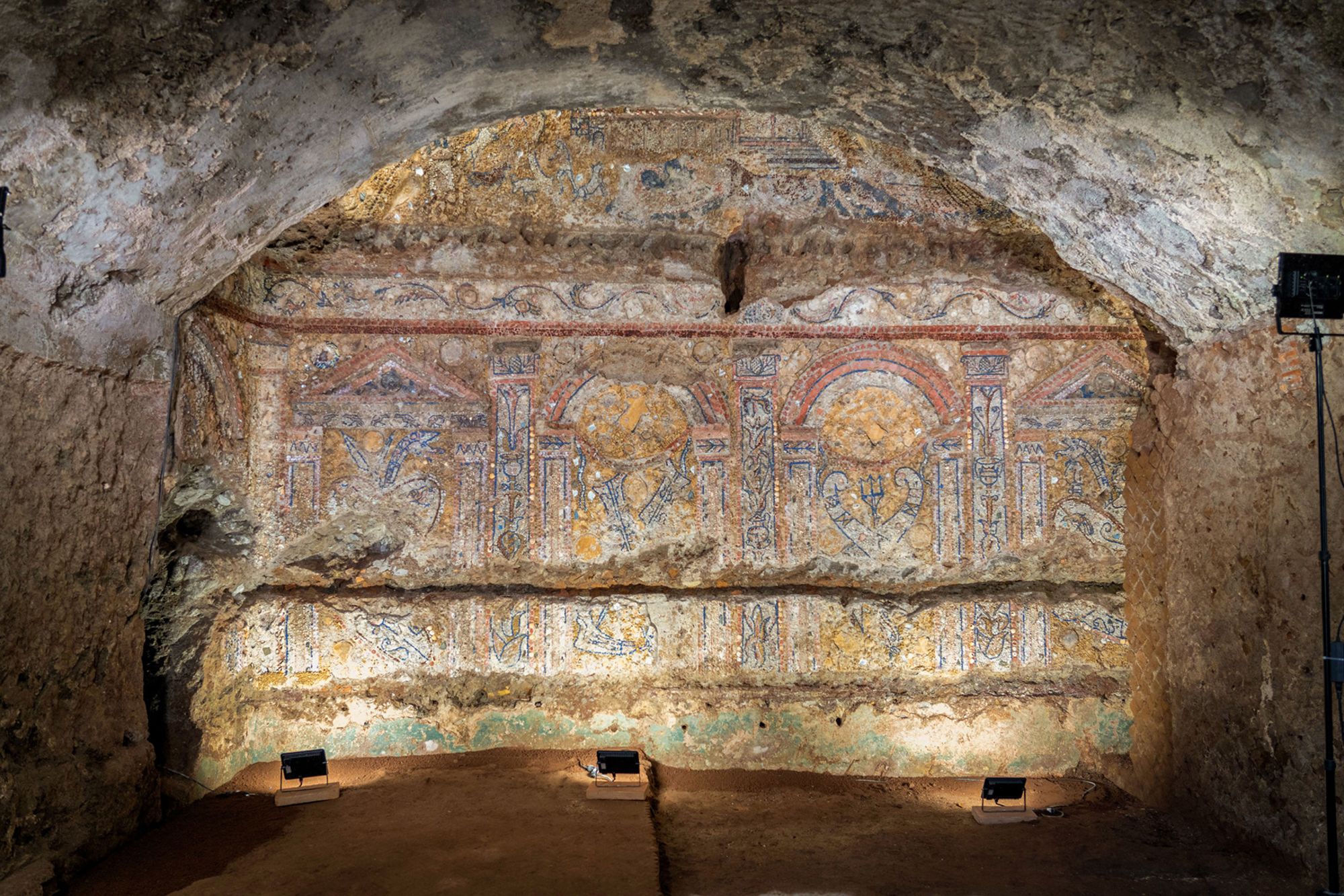 The 2000-year-old shell grotto was used as an outdoor dining room and features a sizeable wall mosaic featuring brightly colored shells, coral and glass.