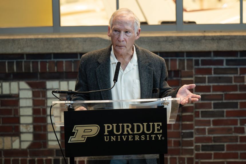 Rick Pettigrew, the executive director of the Archaeological Legacy Institute, speaks at Purdue University, where Earhart once worked.