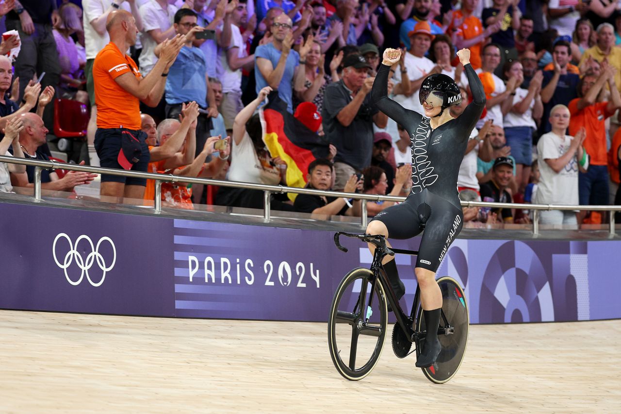 New Zealand’s Ellesse Andrews celebrates after the women's track cycling sprint finals on August 11. 