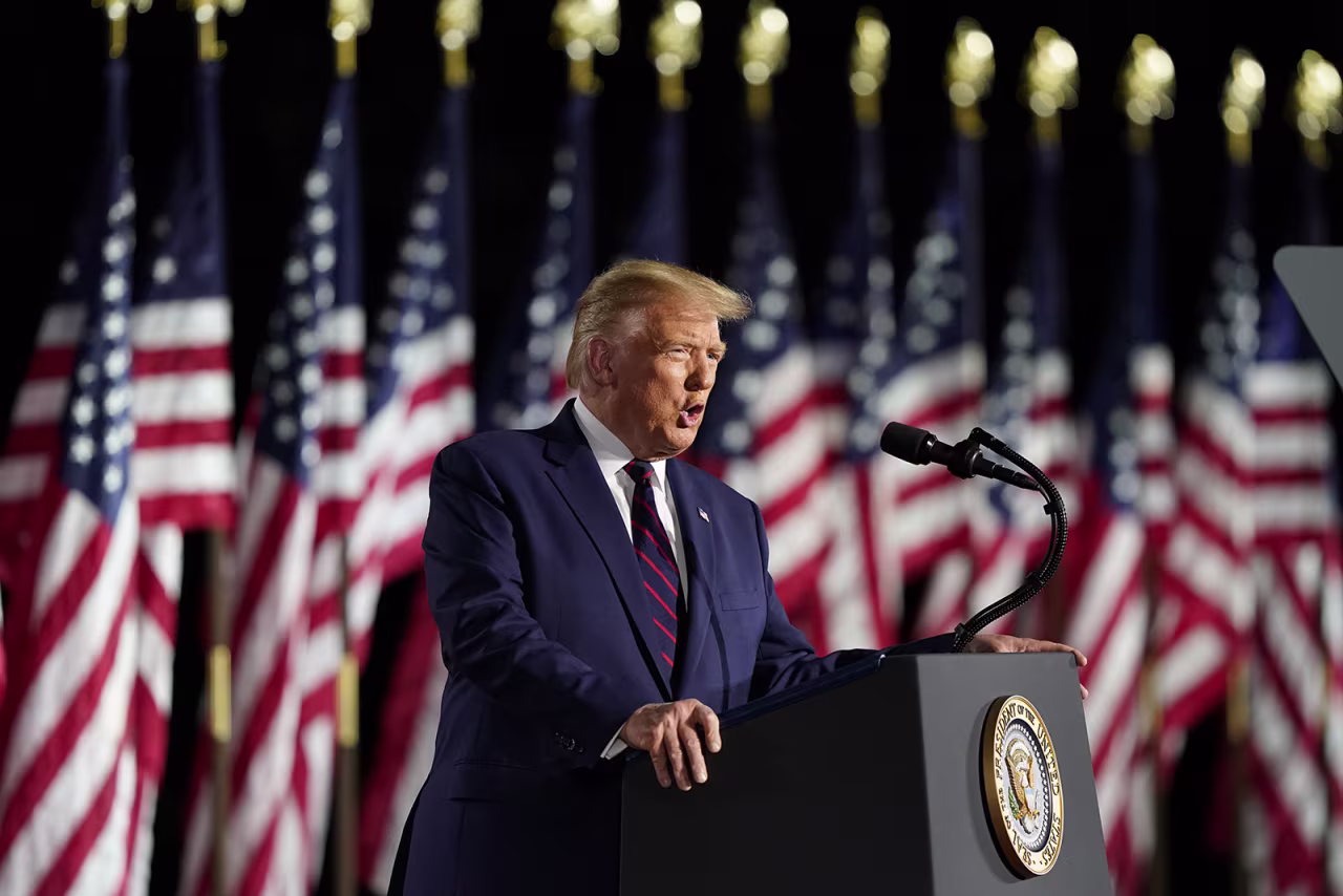 President Donald Trump speaks from the South Lawn of the White House on the fourth day of the Republican National Convention on Thursday, Aug. 27, in Washington.
