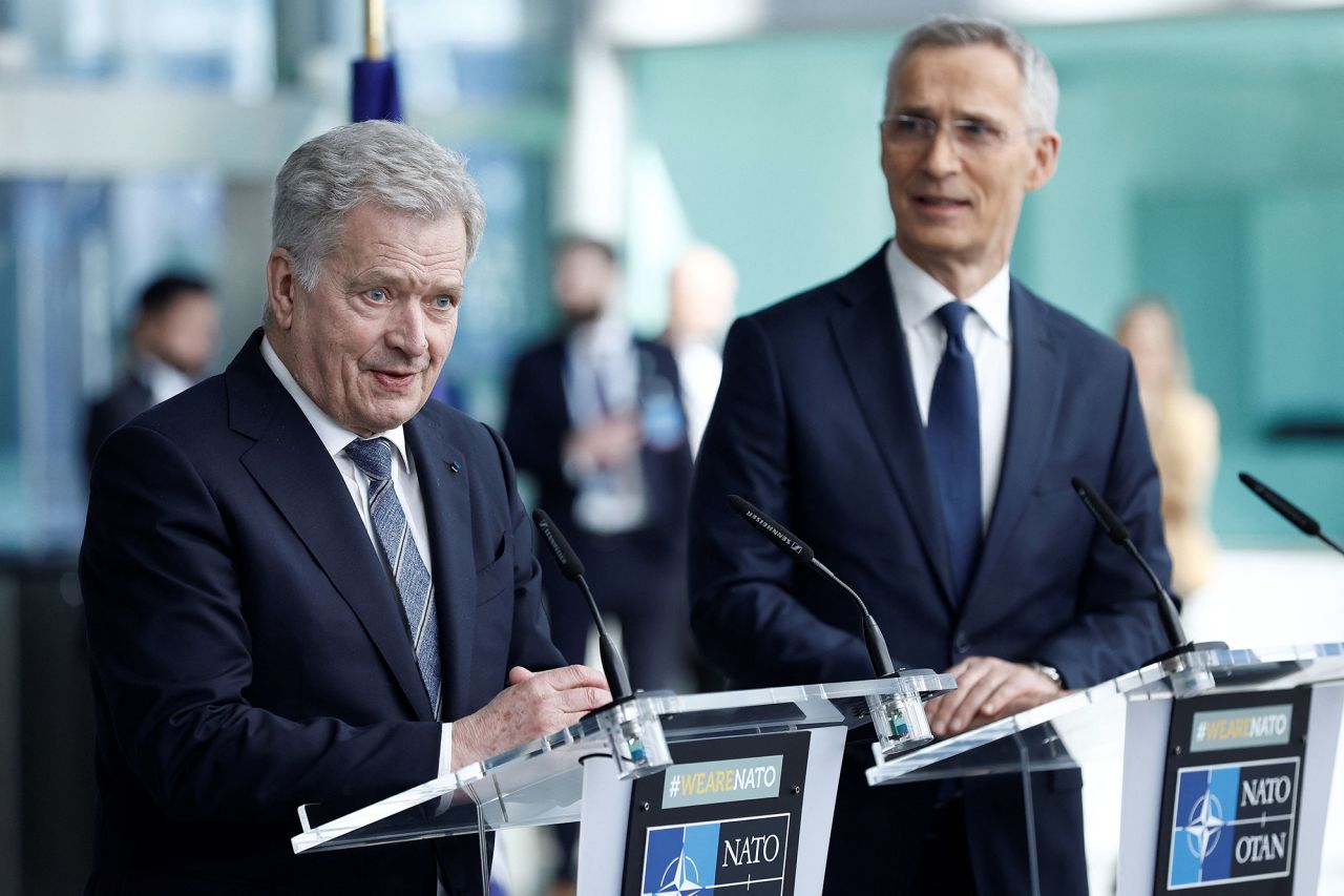 Finland's President Sauli Niinistö, left, and NATO Secretary General Jens Stoltenberg give a news conference at the NATO headquarters in Brussels, Belgium, on April 4, 2023.
