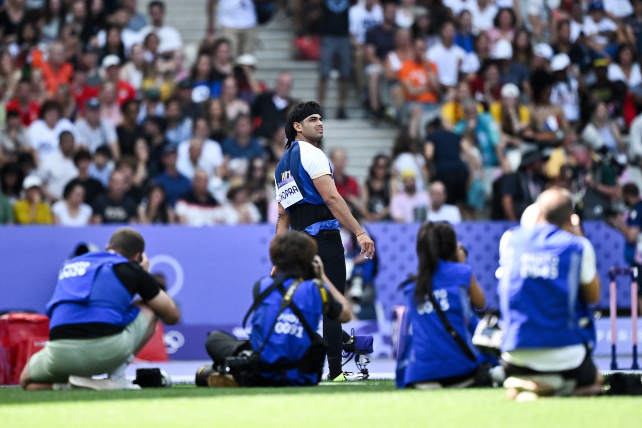 India's Neeraj Chopra competes in the men's javelin throw qualification at Stade de France in Saint-Denis on August 6.