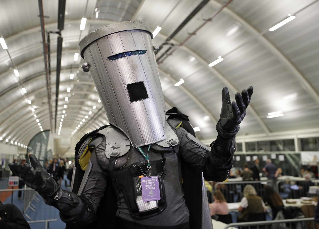 Independent candidate Count Binface poses for the media as ballot papers are counted in Prime Minister Boris Johnson's Uxbridge and South Ruislip constituency. Photo: Kirsty Wigglesworth/AP