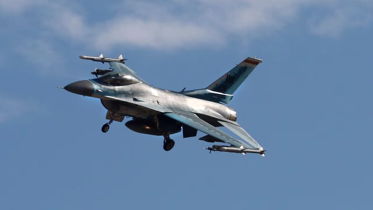 A General Dynamics F-16C Fighting Falcon fighter jet at Nellis AFB near Las Vegas, Nevada on Feb. 16, 2022.