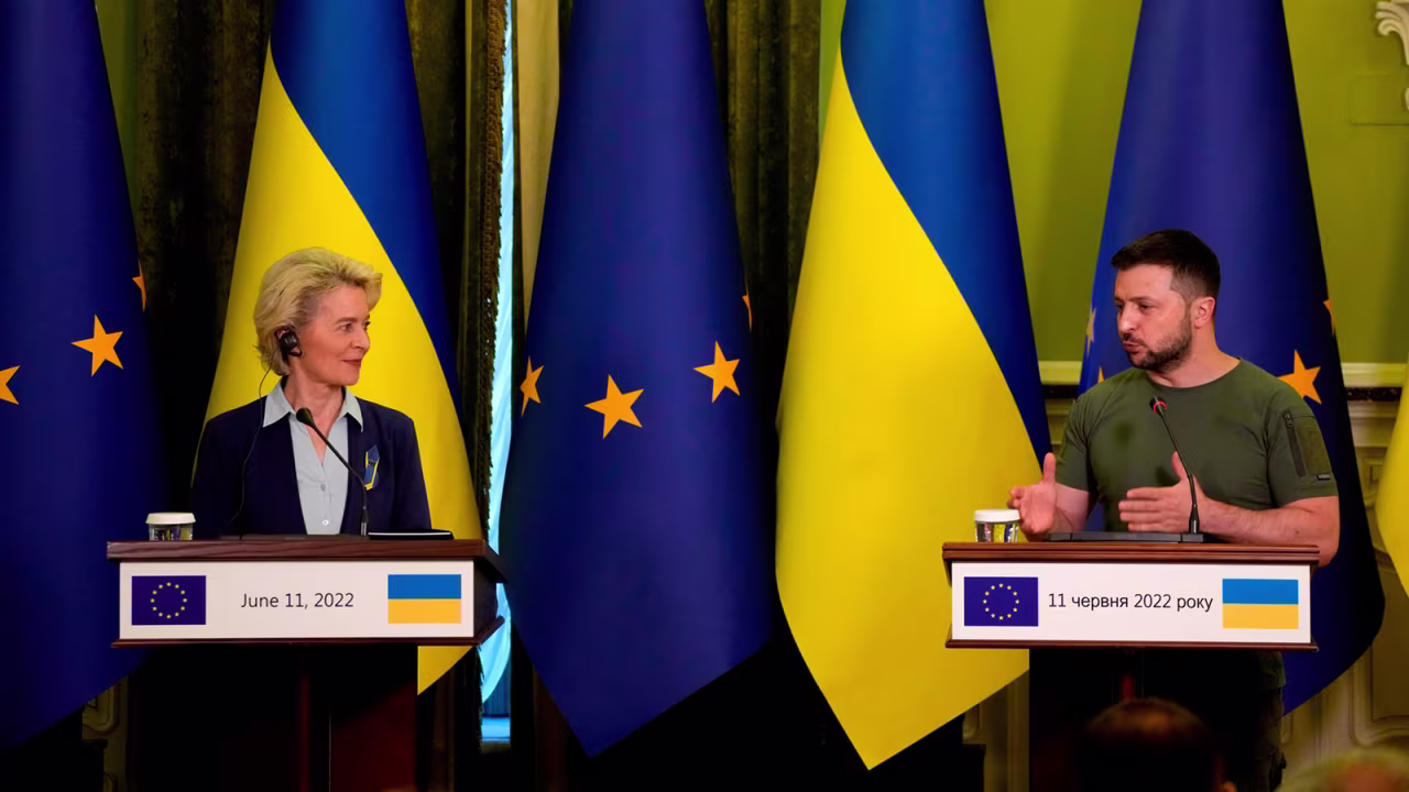 Ukraine President Volodymyr Zelensky speaks during a joint press conference with European Commission President Ursula von der Leyen in Kyiv, Ukraine, on Saturday, June 11. 