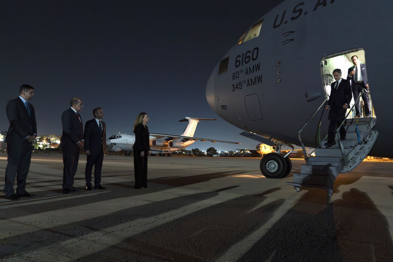 U.S. Secretary of State Antony Blinken arrives in Amman, Jordan, on October 12, after meetings in Israel. 