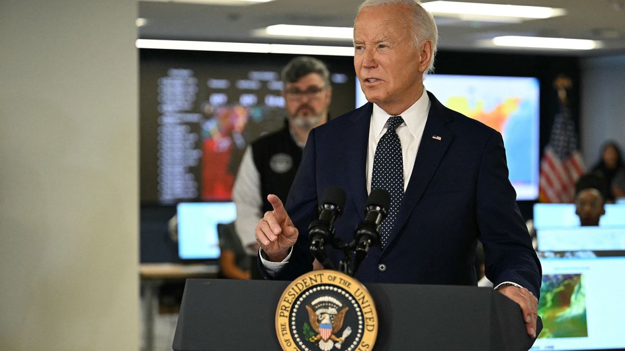 President Joe Biden speaks about extreme weather at the DC Emergency Operations Center in Washington, DC, on Tuesday.