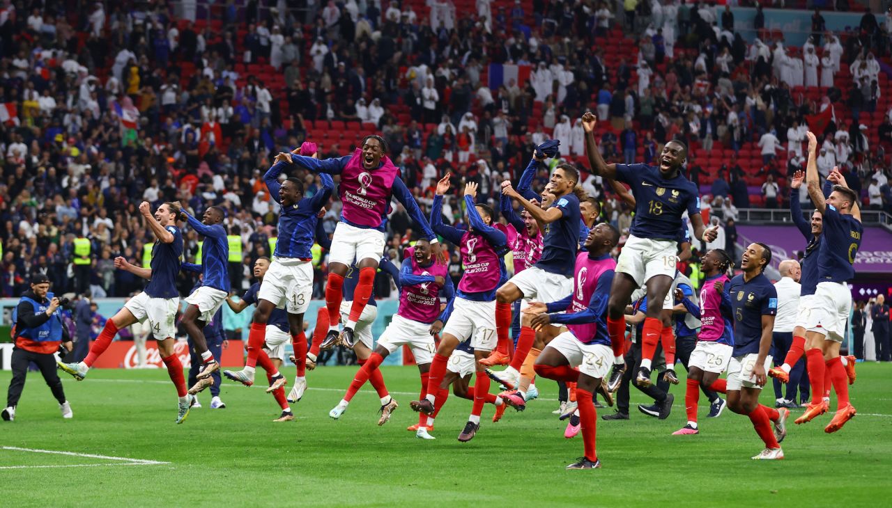 France players celebrate after the match as France progress to the semi-finals.