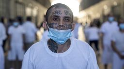Gang tattoos cover the faces and bodies of many inmates, including this man, a member of MS-13.