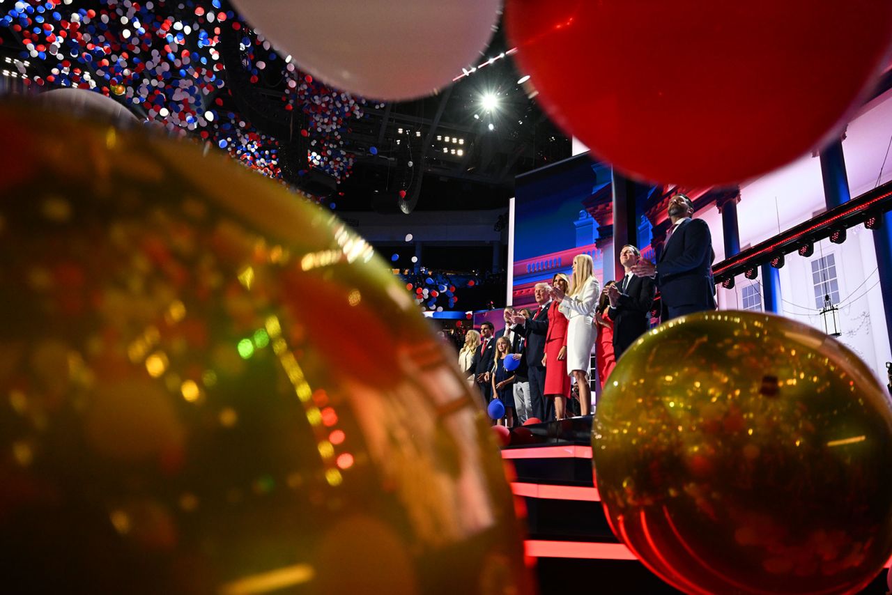 The stage of the Republican National Convention is seen through a sea of balloons as the event draws to and end.