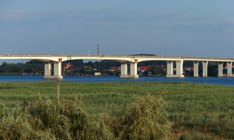 A view of the Antonivskyi bridge across the Dnipro river in the Russia-controlled Kherson region of southern Ukraine, on July 23.