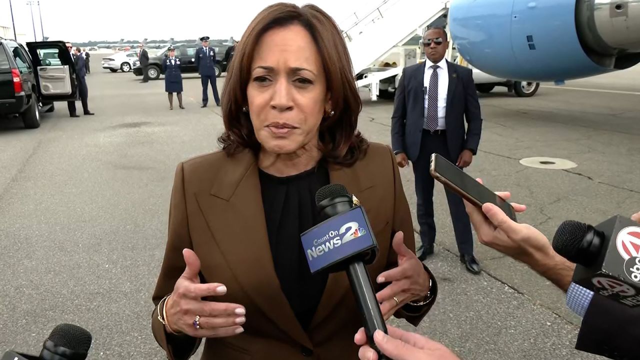 Harris speaks with reporters in Charleston, South Carolina, on Wednesday, October 11.