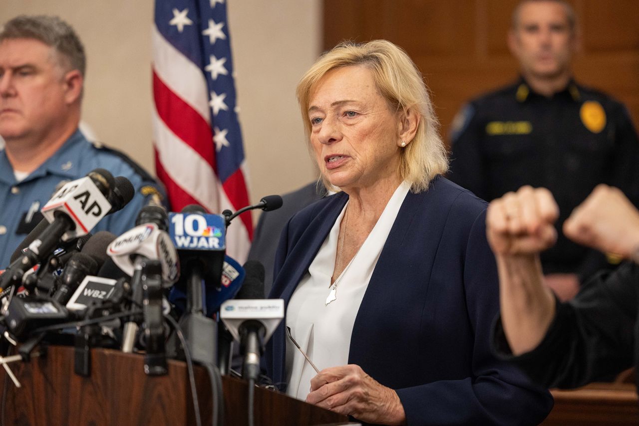 Maine Gov. Janet Mills speaks during a press conference on October 26, in Lewiston, Maine. 