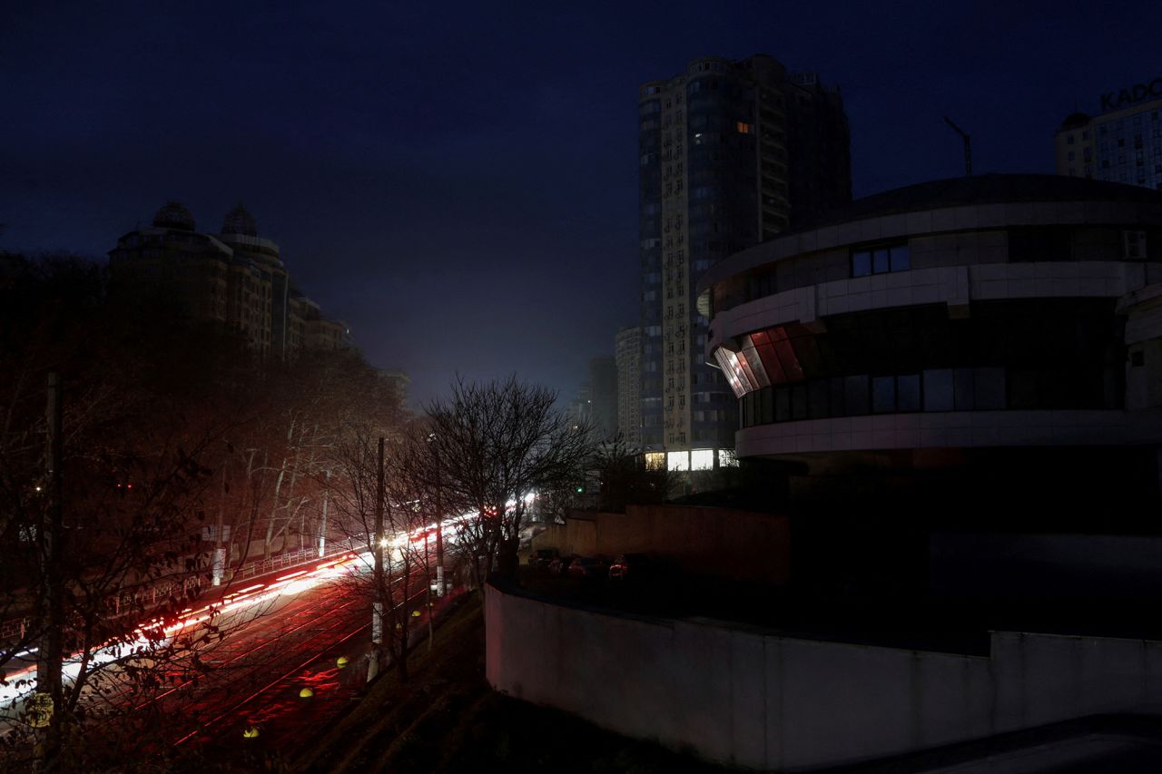 Apartment buildings without electricity during a power outage after critical civil infrastructure was hit by Russian drone attacks in?Odesa, Ukraine, on December 10.